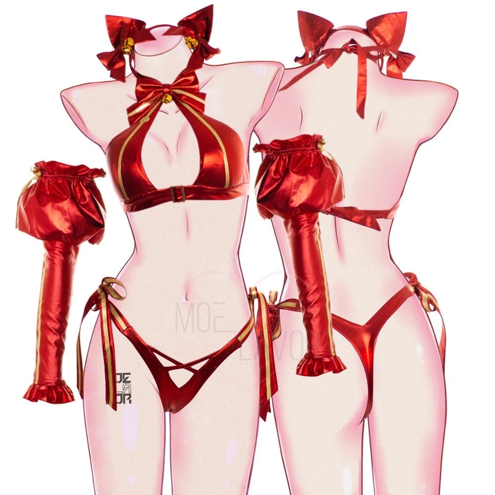 MoeFlavor Ribbon Kitten Satin Lingerie Bow Set